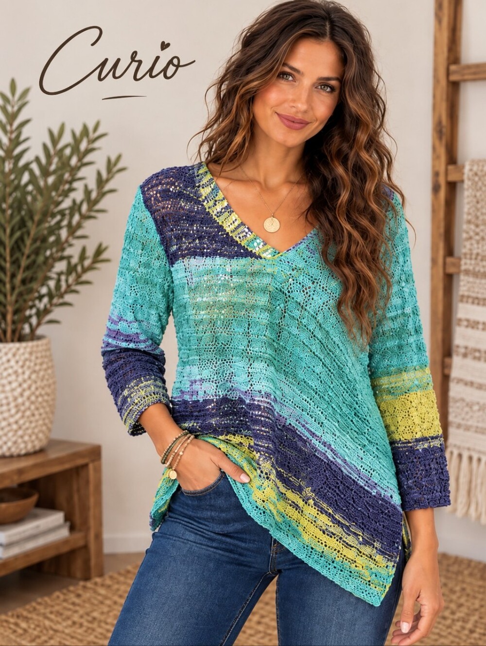 Curio New York Women Medium Blue Green Space Dye Open Knit V-Neck 3/4 Sleeve Top